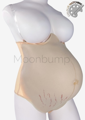 Silicone fake pregnant belly twins/8-9 month by Moonbump, in colour M2 'porcelain' with linea nigra & stretch marks, shown on a mannequin