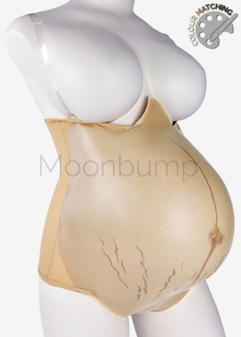 Silicone fake pregnant belly twins/8-9 month by Moonbump, in colour M5 'warm beige' with linea nigra & stretch marks, shown on a mannequin