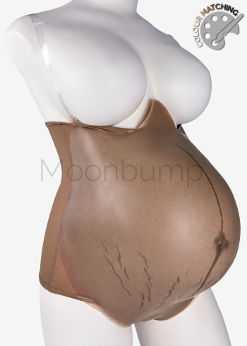 Silicone fake pregnant belly twins/8-9 month by Moonbump, in colour M7 'chocolate brown' with linea nigra & stretch marks, shown on a mannequin