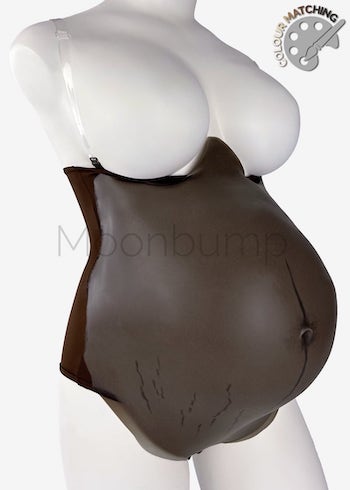 Silicone fake pregnant belly twins/8-9 month by Moonbump, in colour M9 'dark brown' with linea nigra & stretch marks, shown on a mannequin