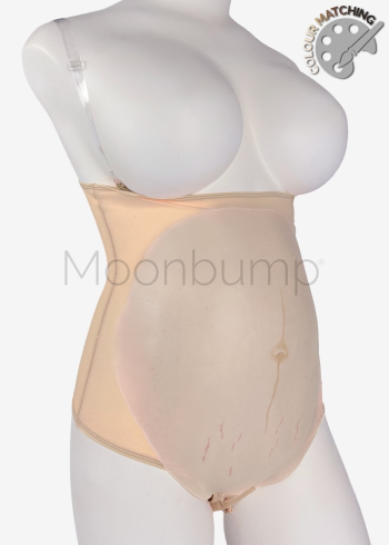 3-4 Month silicone imitation pregnancy belly, in colour M2 'porcelain' with linea nigra & stretch marks, shown on a mannequin