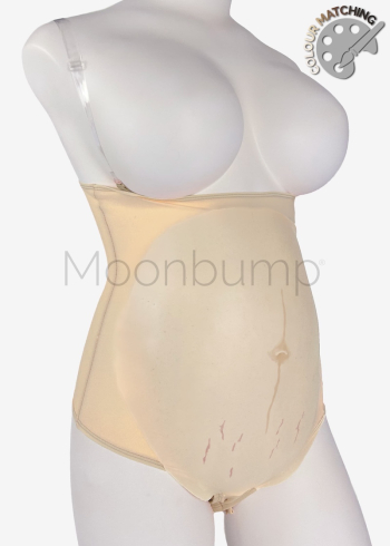 3-4 Month silicone imitation pregnancy belly, in colour M3 'warm ivory' with linea nigra & stretch marks, shown on a mannequin