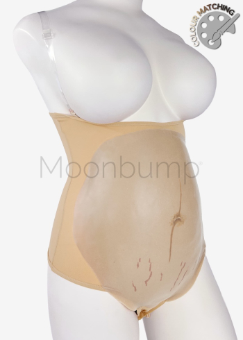 3-4 Month silicone imitation pregnancy belly, in colour M5 'warm beige' with linea nigra & stretch marks, shown on a mannequin