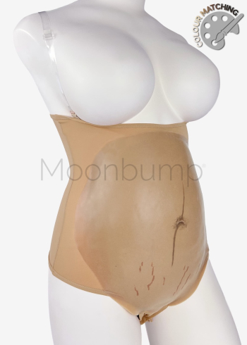 3-4 Month silicone imitation pregnancy belly, in colour M6 'light brown' with linea nigra & stretch marks, shown on a mannequin