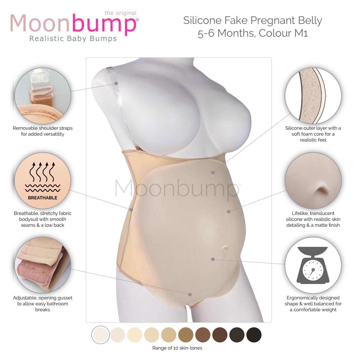 infographic showing the features of our silicone 5-6 month artificial pregnancy belly in a pale ivory skin tone