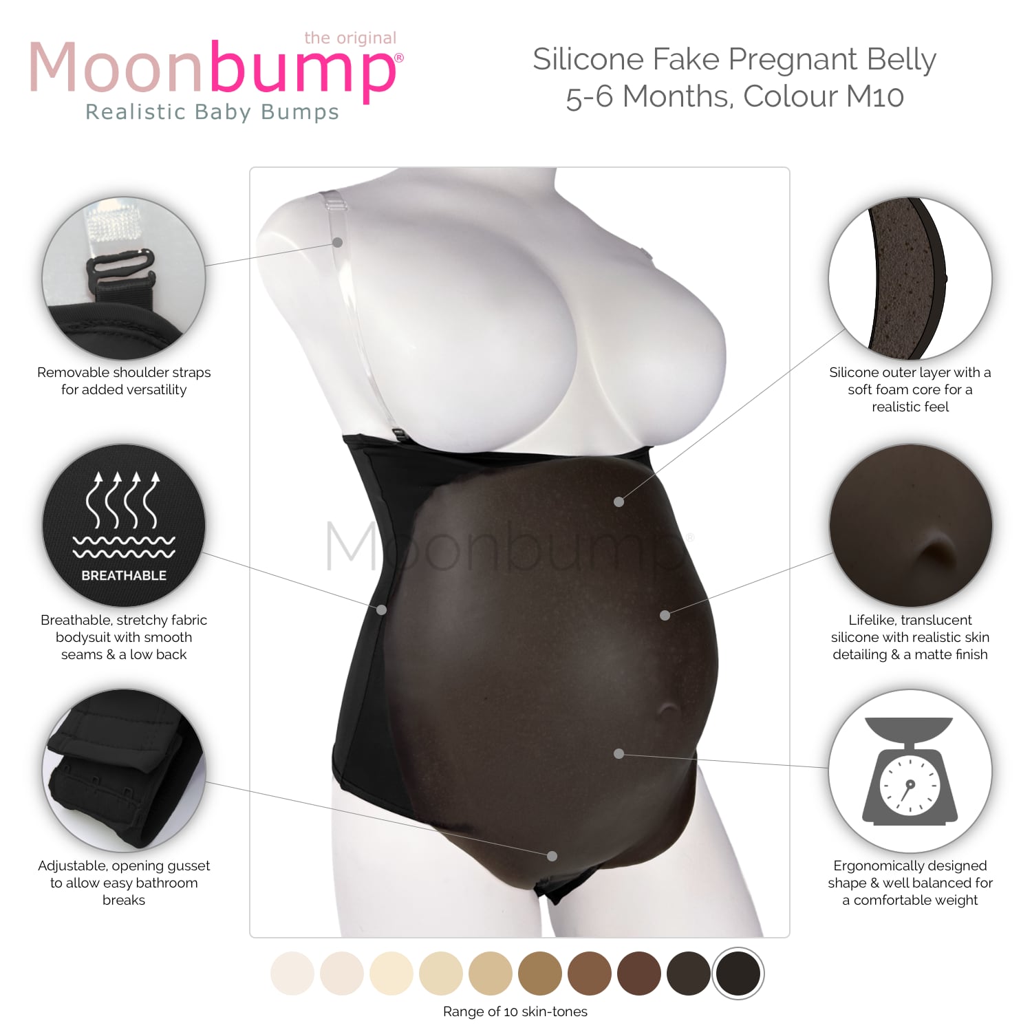 infographic showing the features of our silicone 5-6 month artificial pregnancy belly in a black coffee skin tone