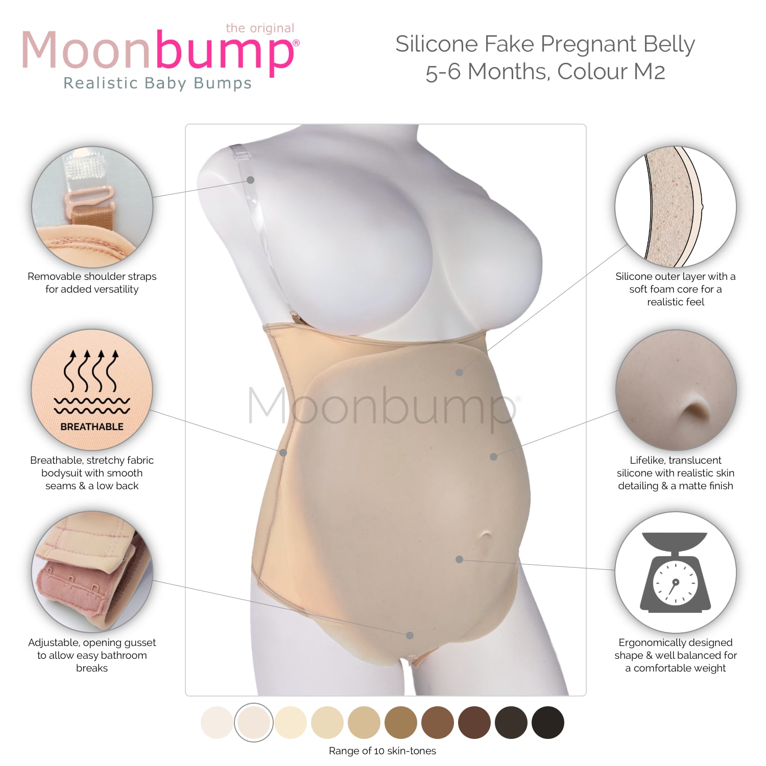 infographic showing the features of our silicone 5-6 month artificial pregnancy belly in a porcelain skin tone