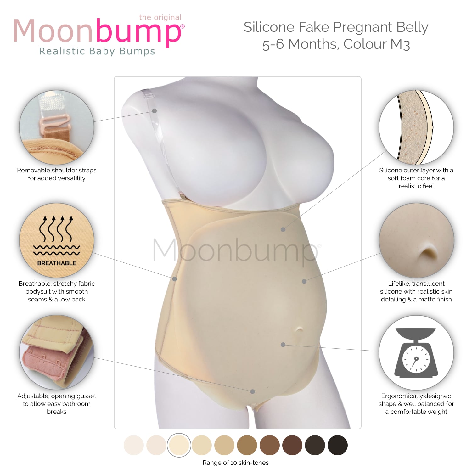 infographic showing the features of our silicone 5-6 month artificial pregnancy belly in a warm ivory skin tone
