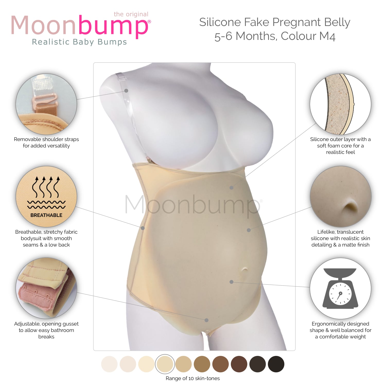 infographic showing the features of our silicone 5-6 month artificial pregnancy belly in a beige skin tone