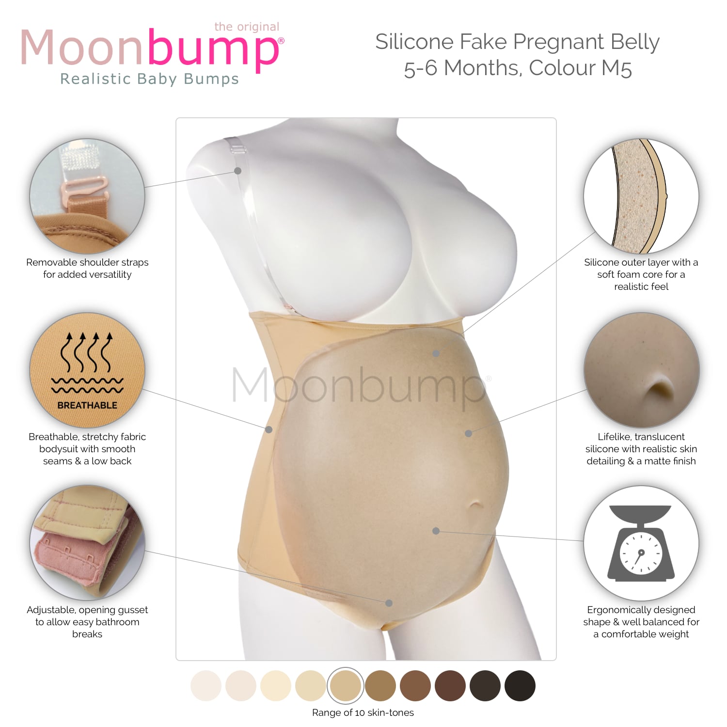 infographic showing the features of our silicone 5-6 month artificial pregnancy belly in a warm beige skin tone