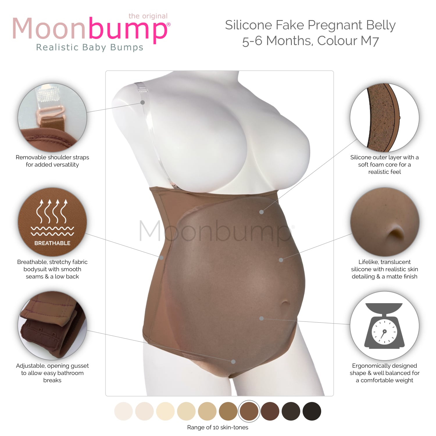 infographic showing the features of our silicone 5-6 month artificial pregnancy belly in a chocolate brown skin tone