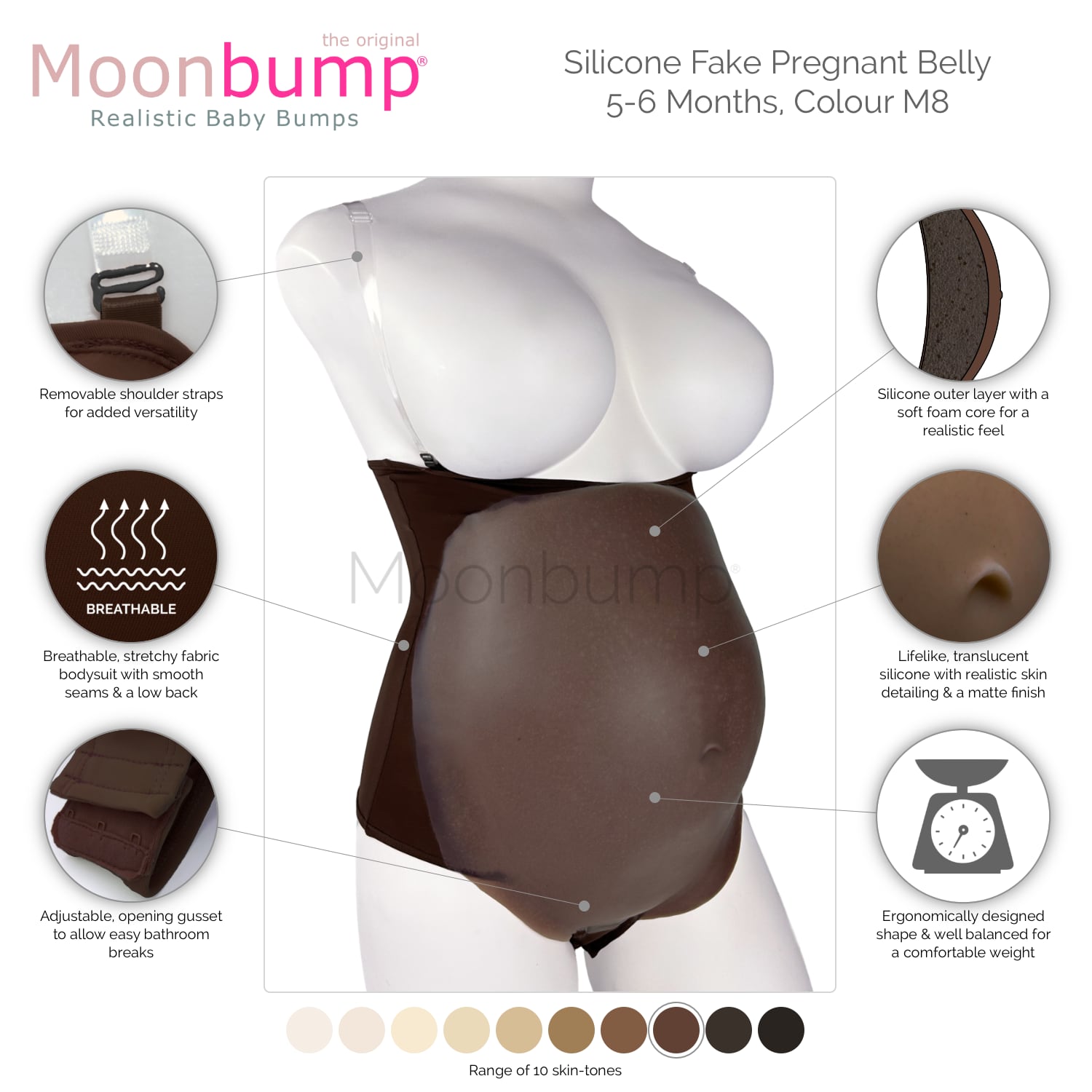 infographic showing the features of our silicone 5-6 month artificial pregnancy belly in a chestnut brown skin tone