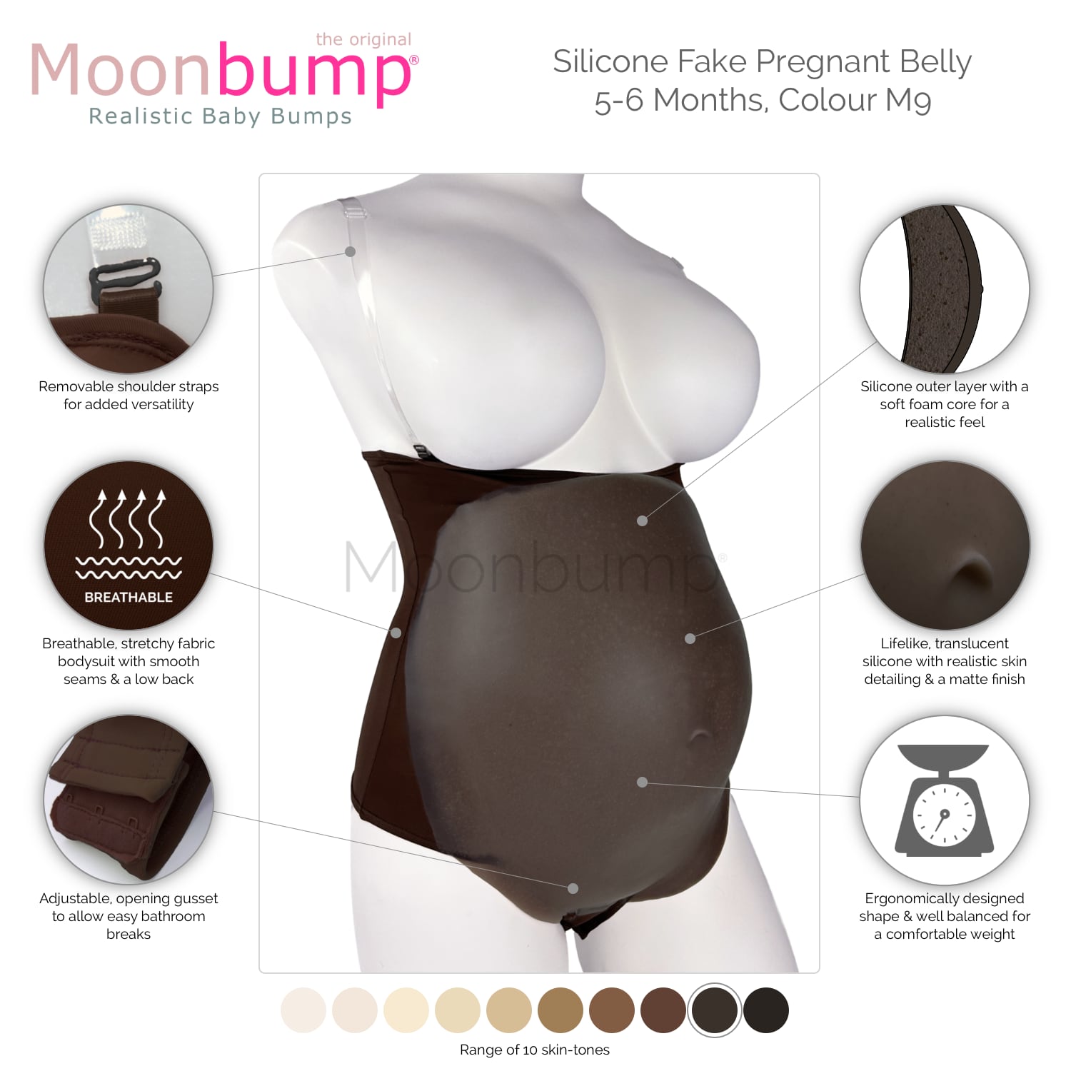 infographic showing the features of our silicone 5-6 month artificial pregnancy belly in a dark brown skin tone