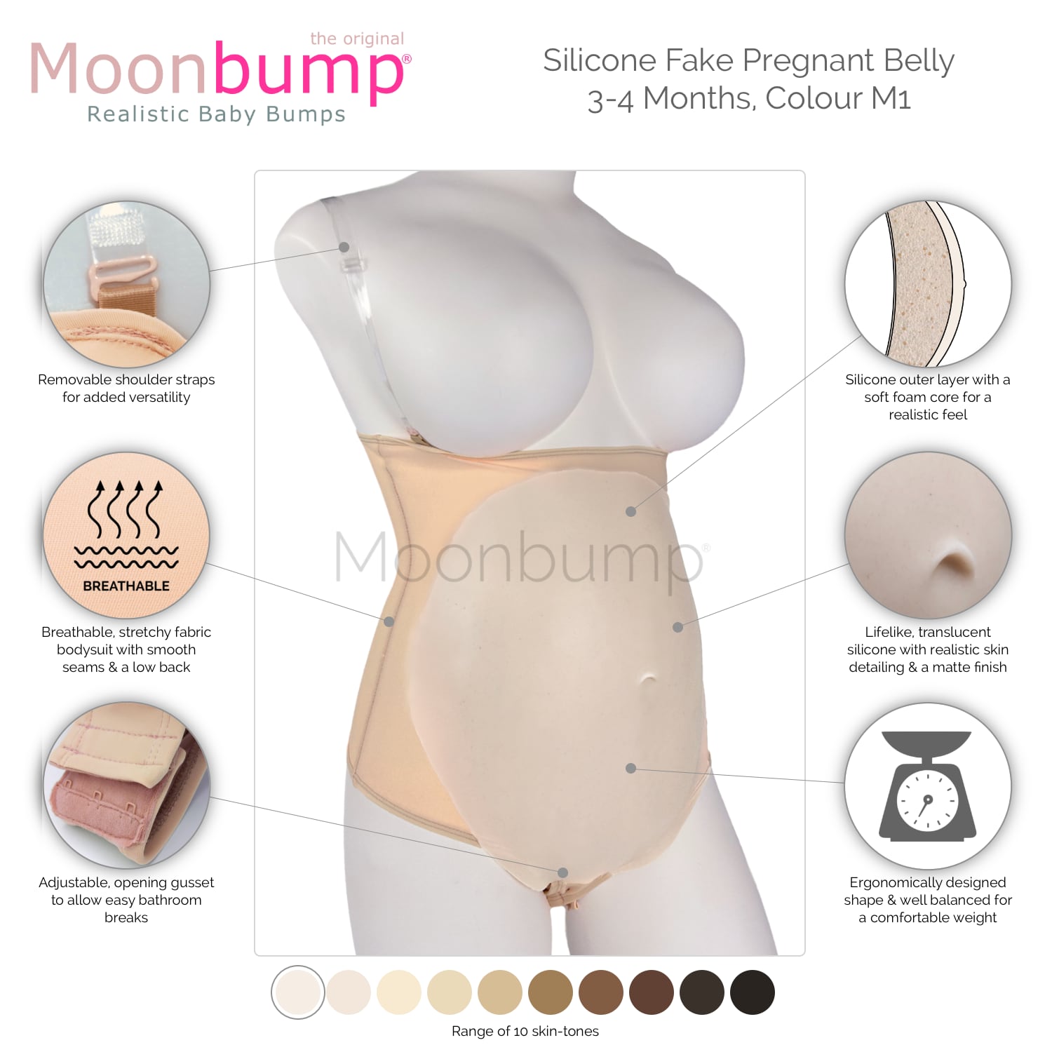 infographic showing the features of our silicone 3-4 month fake pregnancy stomach in a pale ivory skin tone