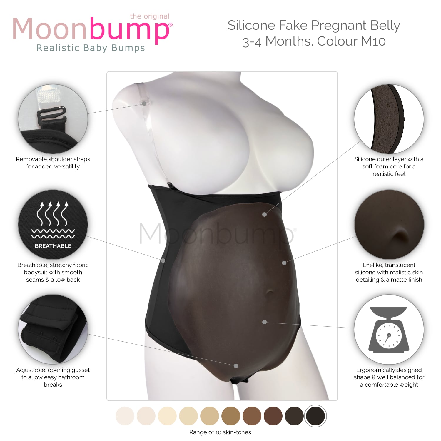 infographic showing the features of our silicone 3-4 month fake pregnancy stomach in a black coffee skin tone