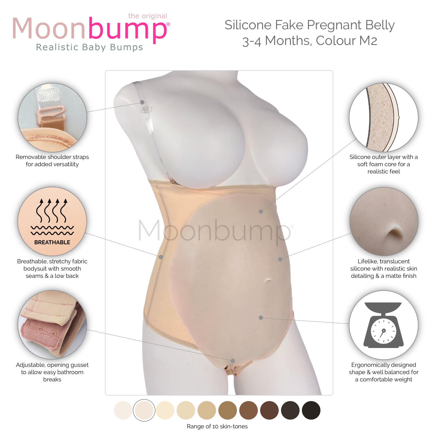 infographic showing the features of our silicone 3-4 month fake pregnancy stomach in a porcelain skin tone