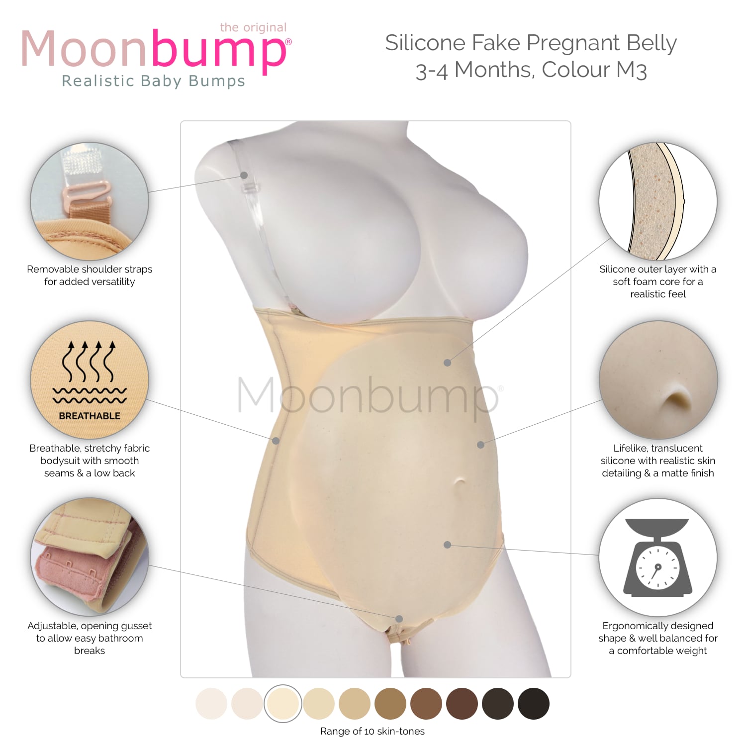 infographic showing the features of our silicone 3-4 month fake pregnancy stomach in a warm ivory skin tone