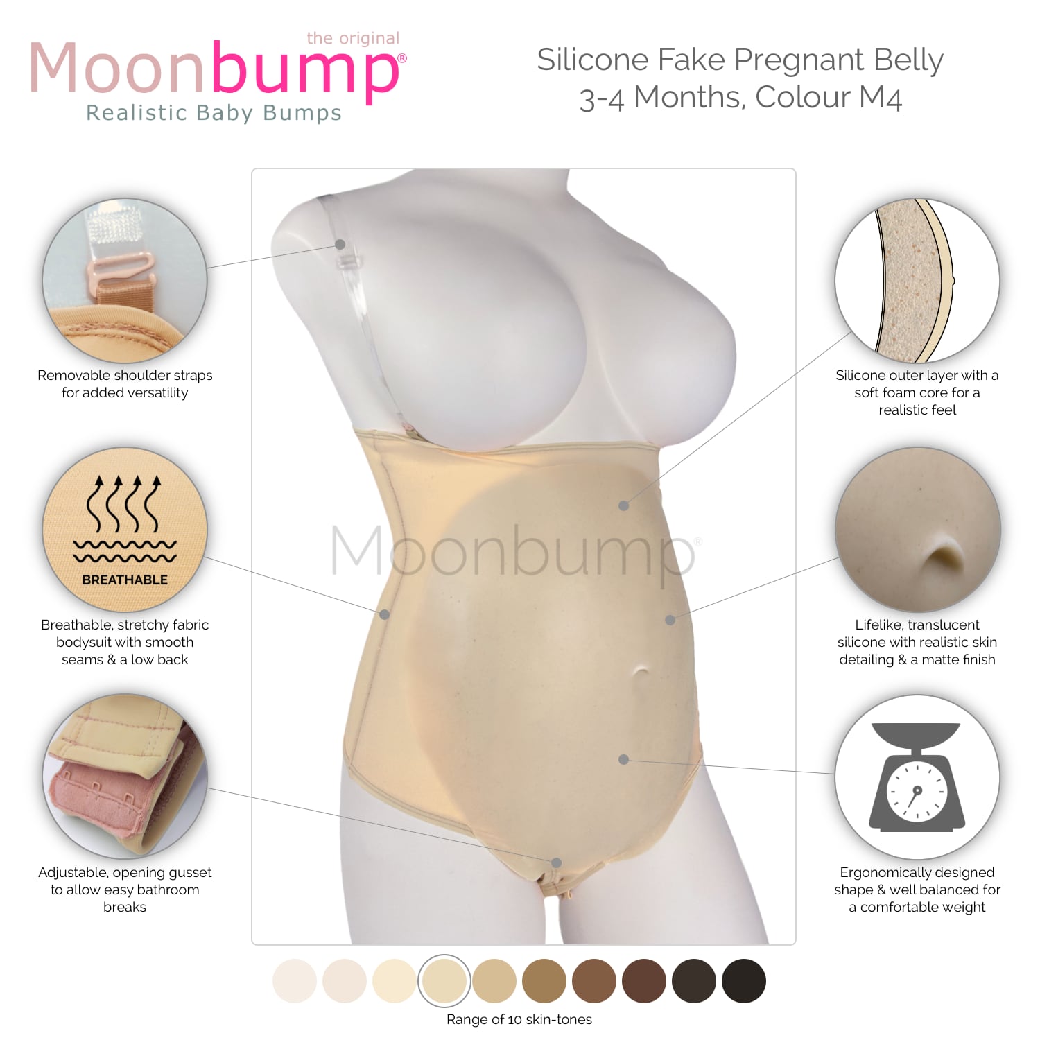 infographic showing the features of our silicone 3-4 month fake pregnancy stomach in a beige skin tone