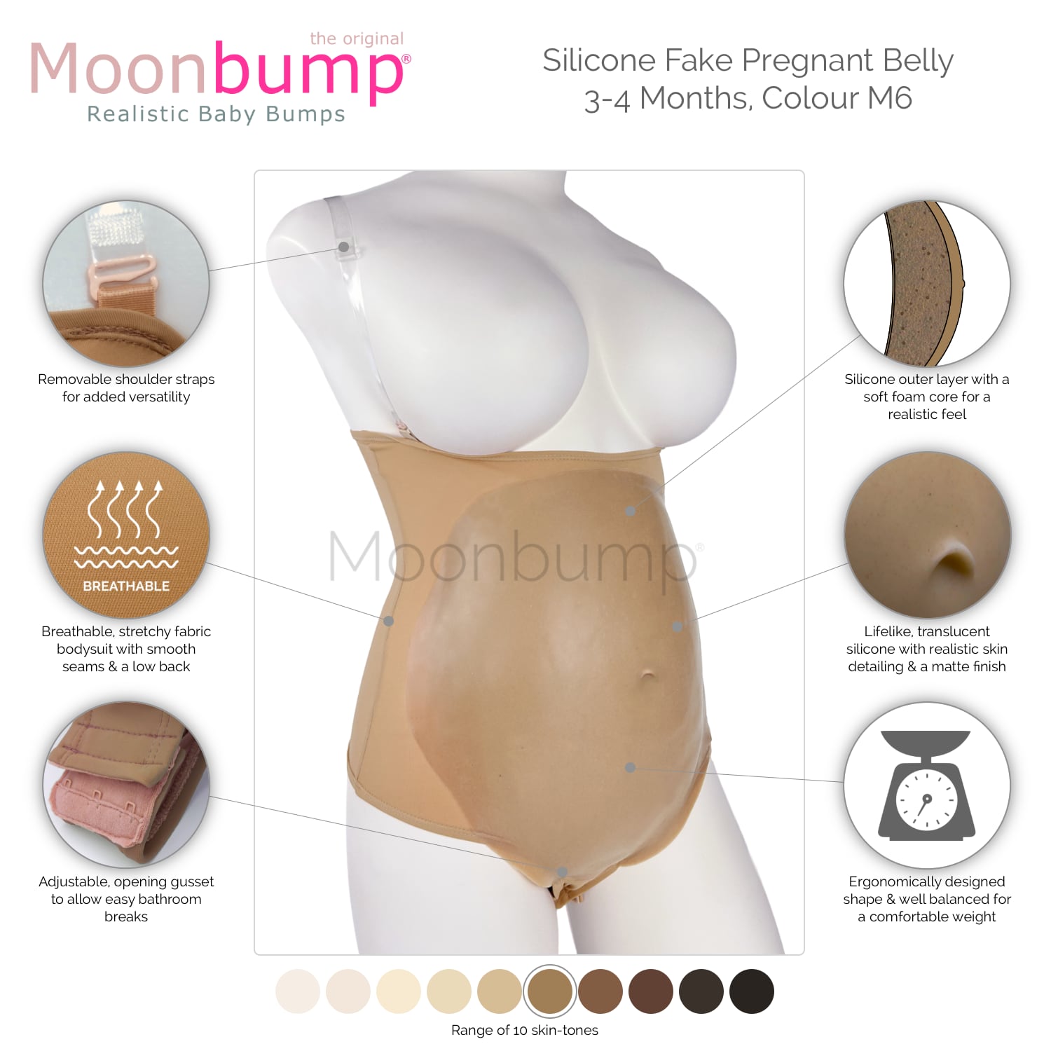 infographic showing the features of our silicone 3-4 month fake pregnancy stomach in a light brown skin tone