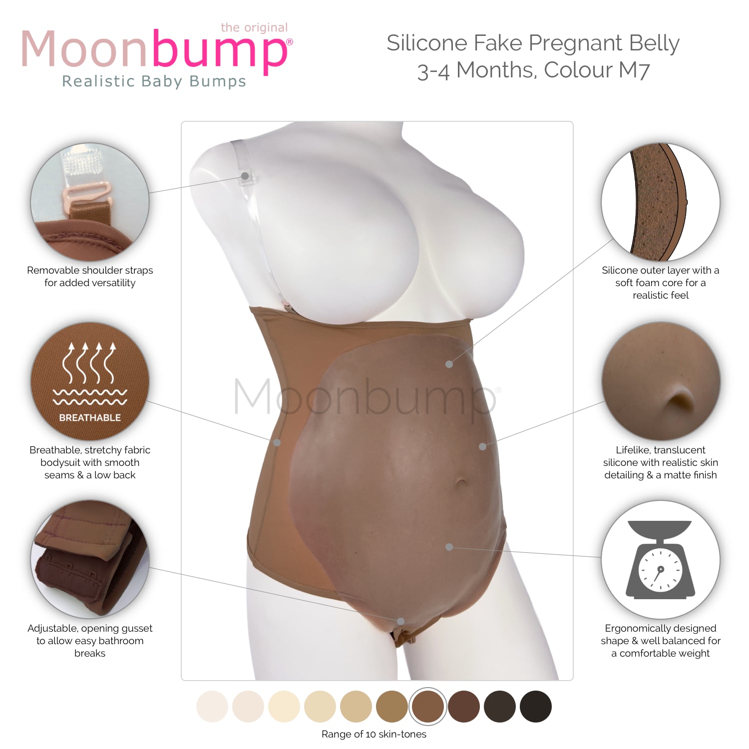 infographic showing the features of our silicone 3-4 month fake pregnancy stomach in a chocolate brown skin tone