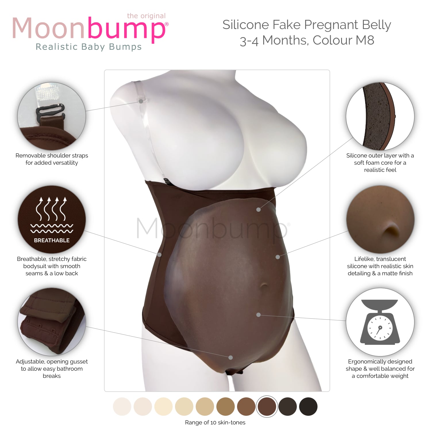 infographic showing the features of our silicone 3-4 month fake pregnancy stomach in a chestnut brown skin tone
