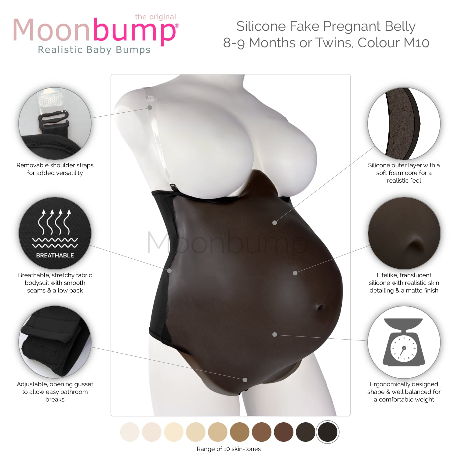 infographic showing the features of our silicone fake pregnant belly 9 months/twins in a black coffee skin tone