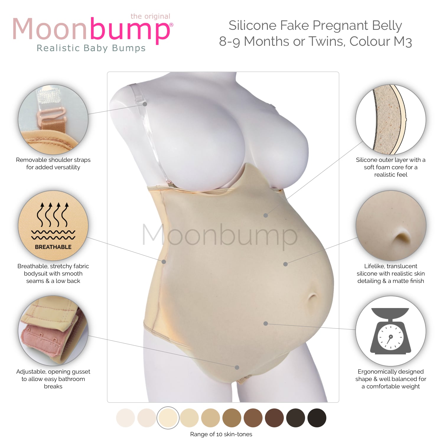 infographic showing the features of our silicone fake pregnant belly 9 months/twins in a warm ivory skin tone