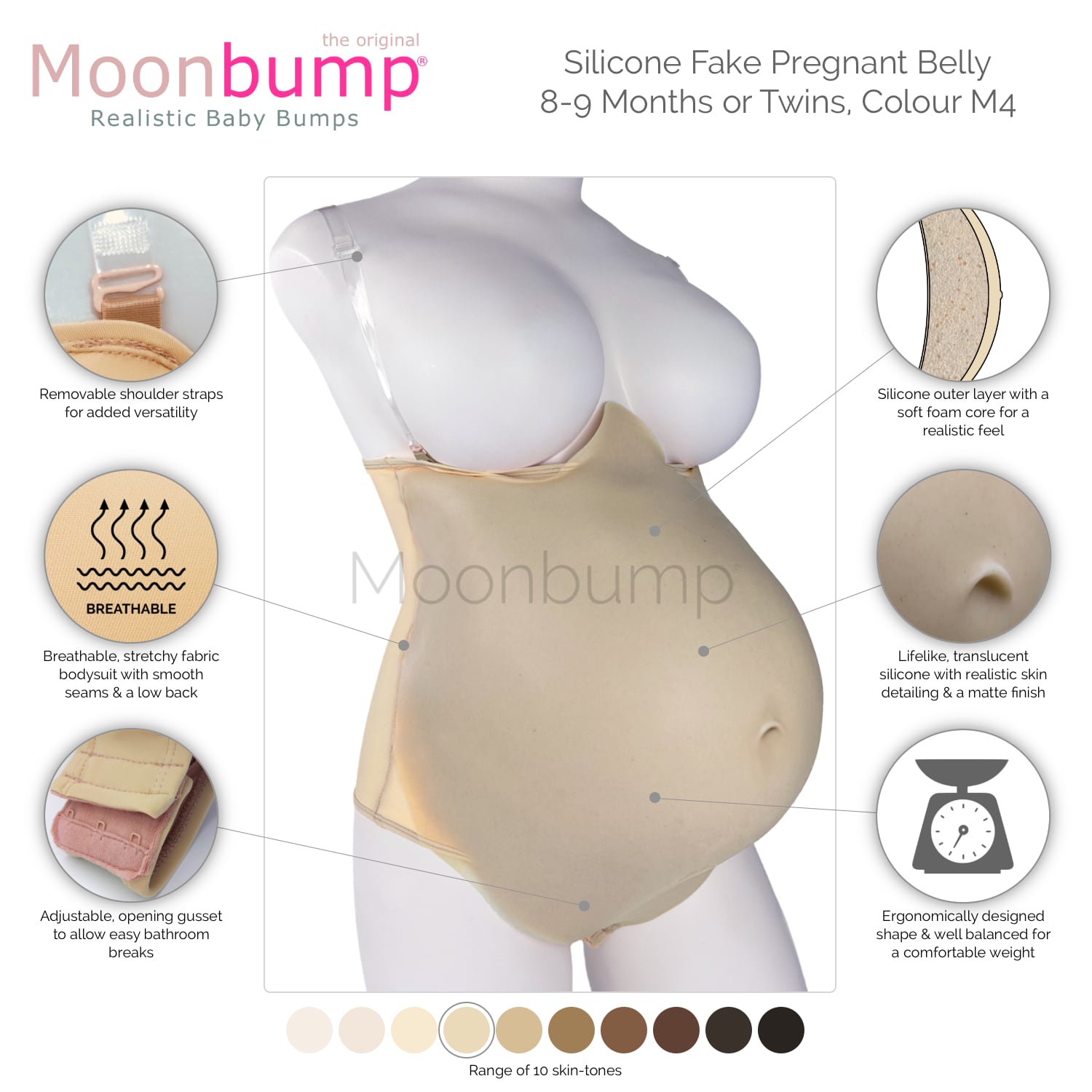 infographic showing the features of our silicone fake pregnant belly 9 months/twins in a beige skin tone