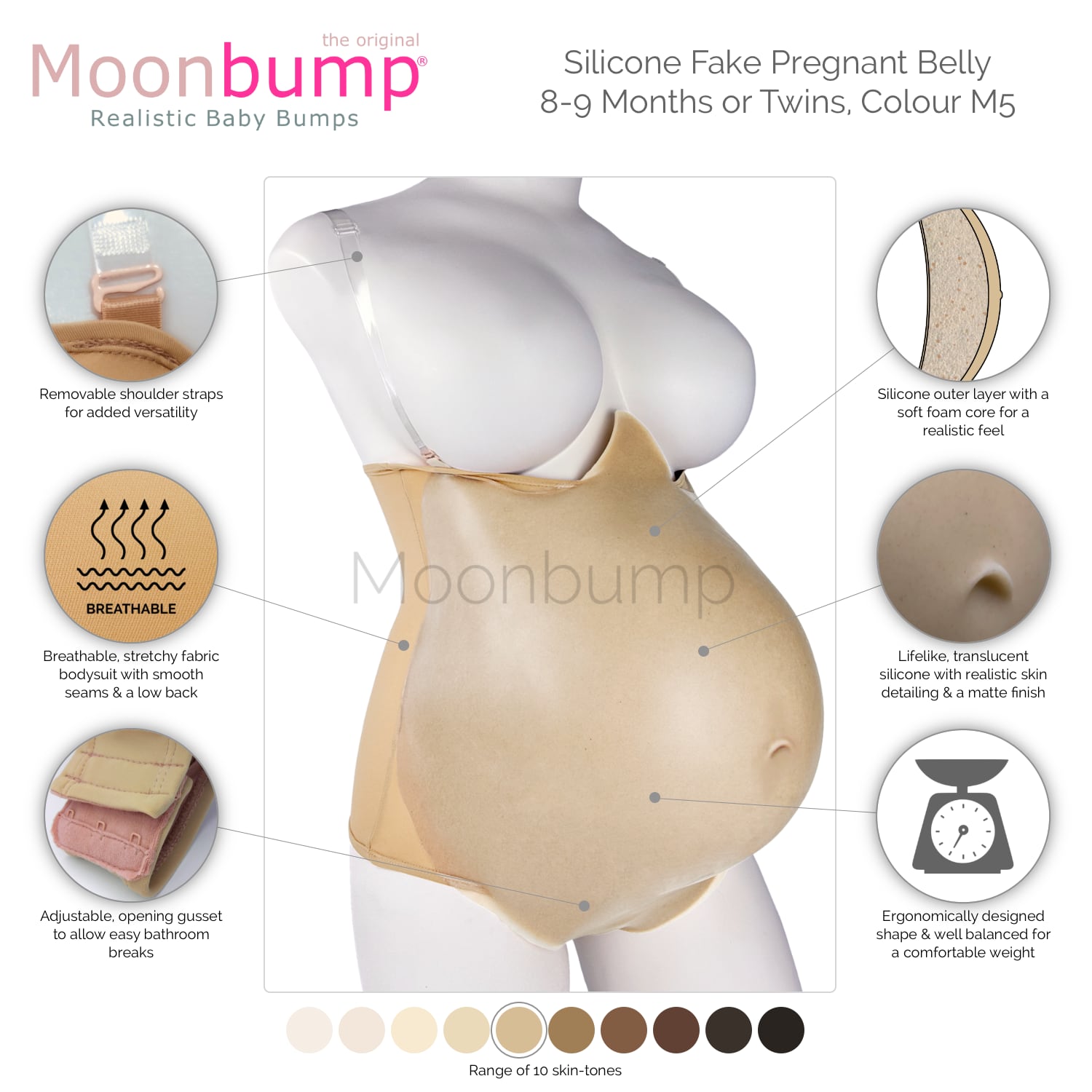 infographic showing the features of our silicone fake pregnant belly 9 months/twins in a warm beige skin tone