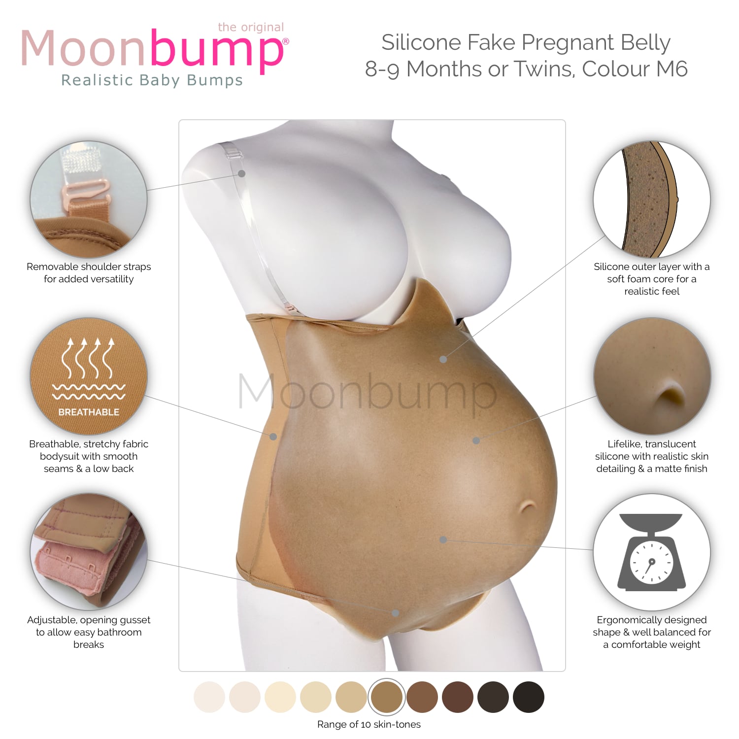 infographic showing the features of our silicone fake pregnant belly 9 months/twins in a light brown skin tone