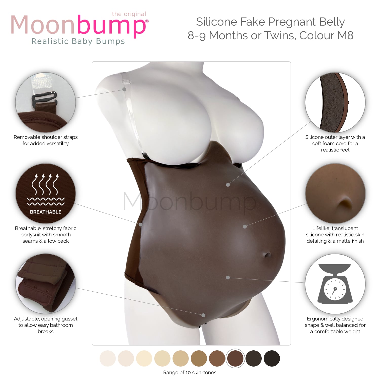 infographic showing the features of our silicone fake pregnant belly 9 months/twins in a chestnut brown skin tone