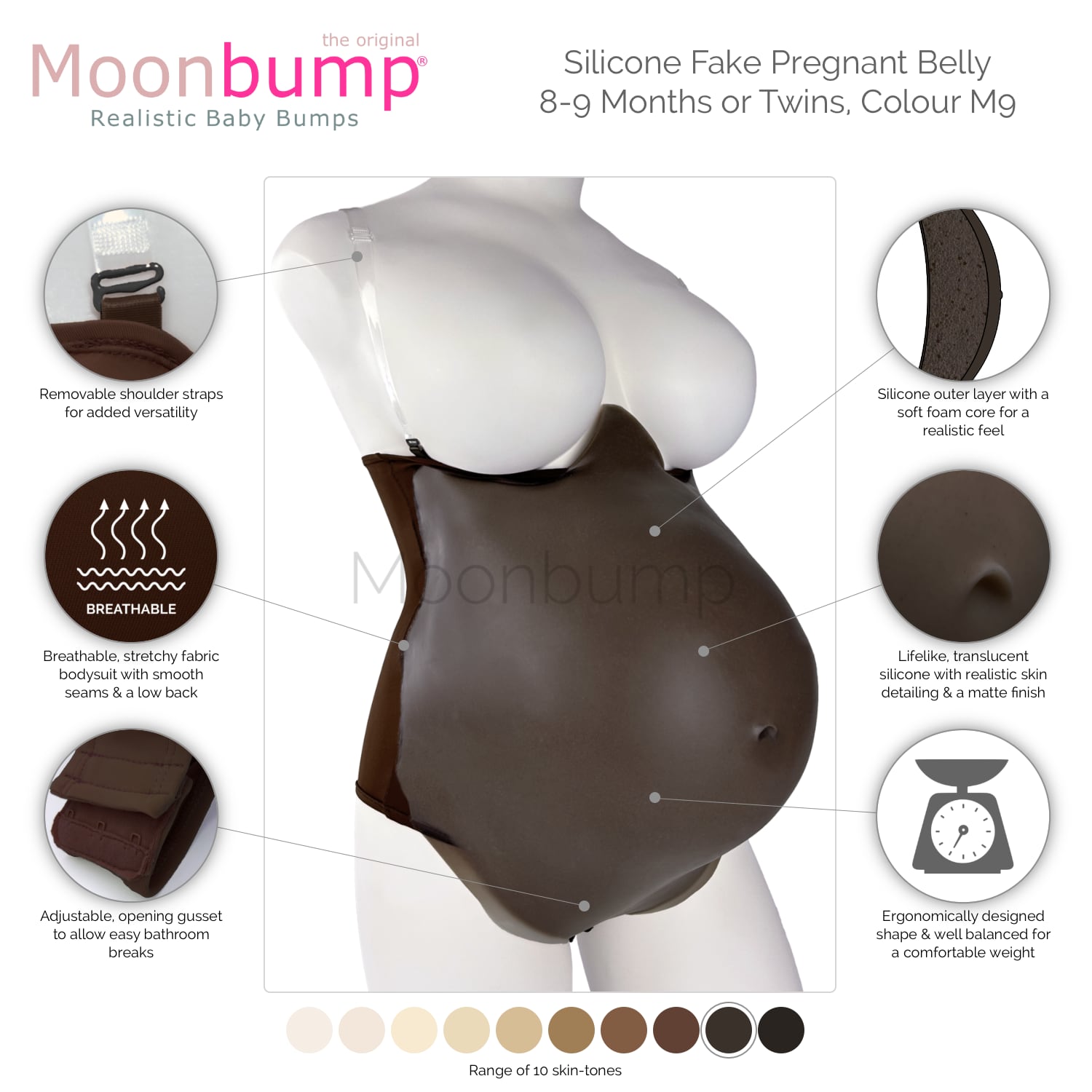 infographic showing the features of our silicone fake pregnant belly 9 months/twins in a dark brown skin tone