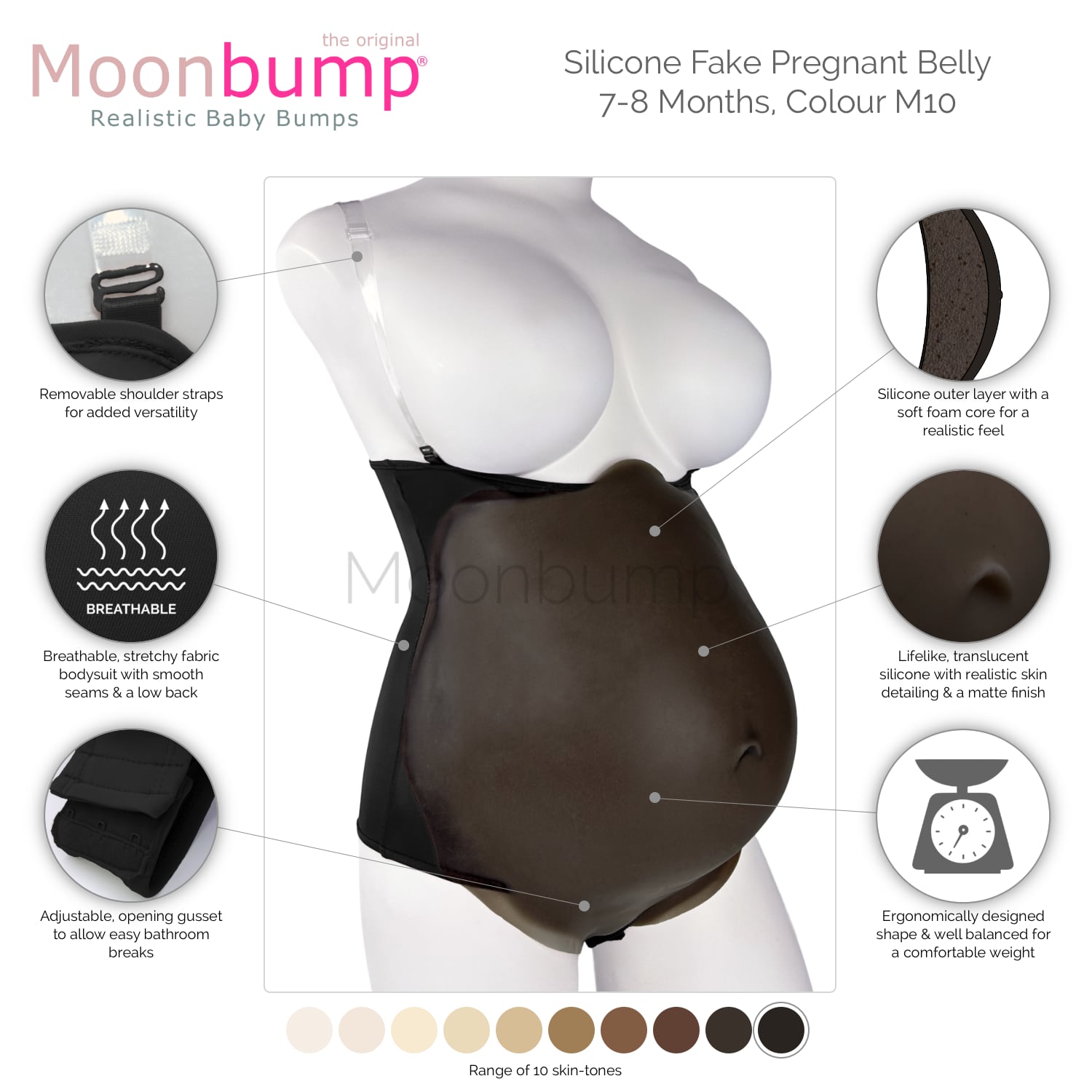 infographic showing the features of our silicone 7-8 month large fake pregnant belly in a black coffee skin tone