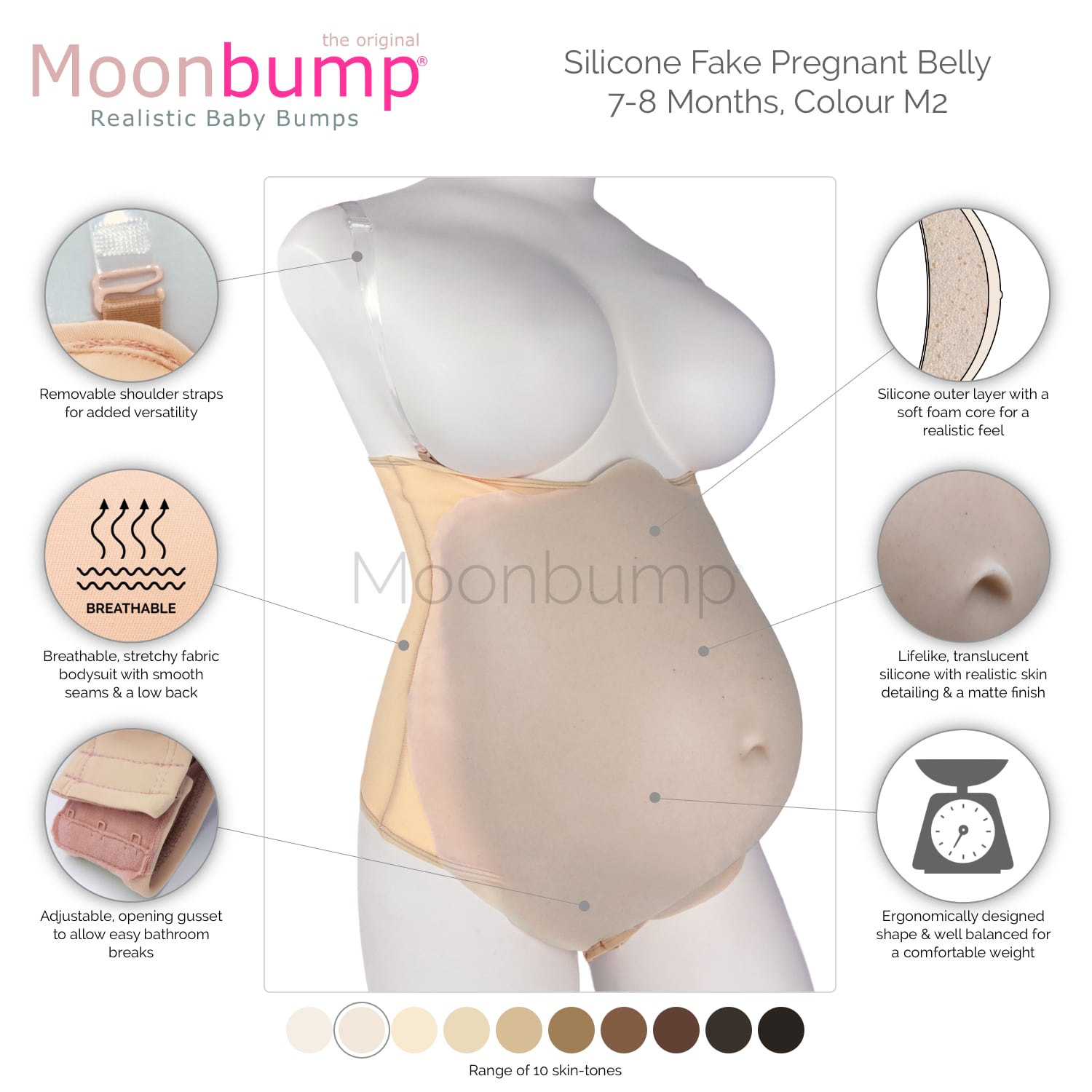 infographic showing the features of our silicone 7-8 month large fake pregnant belly in a porcelain skin tone