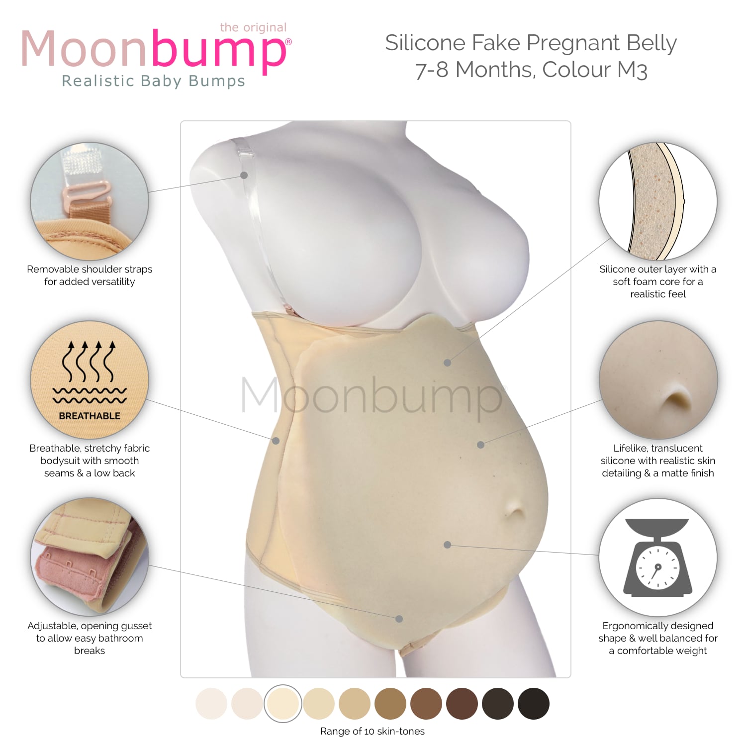 infographic showing the features of our silicone 7-8 month large fake pregnant belly in a warm ivory skin tone
