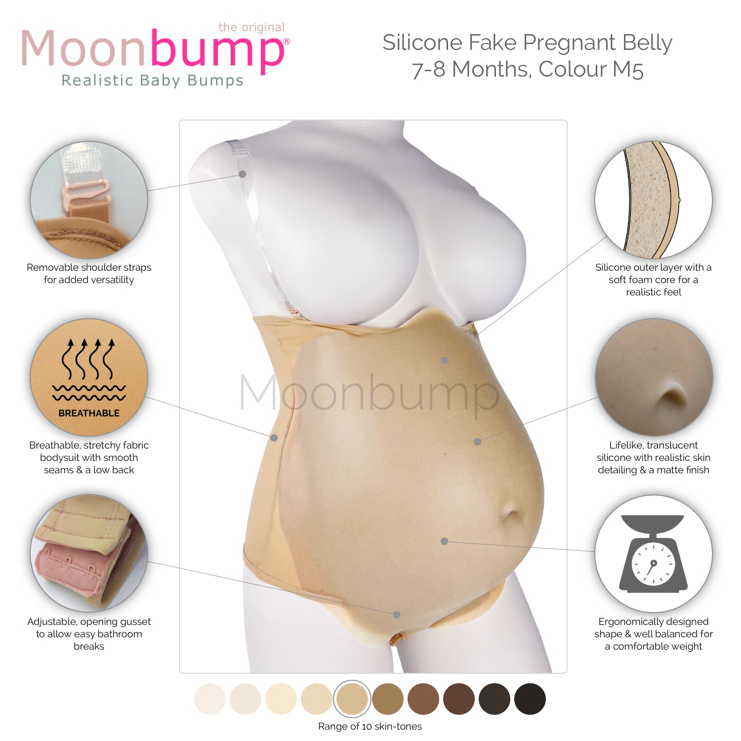 infographic showing the features of our silicone 7-8 month large fake pregnant belly in a warm beige skin tone