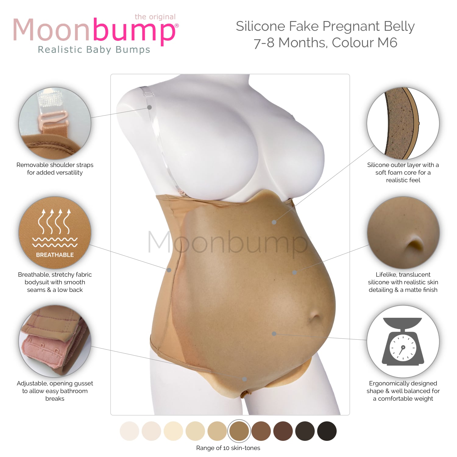 infographic showing the features of our silicone 7-8 month large fake pregnant belly in a light brown skin tone