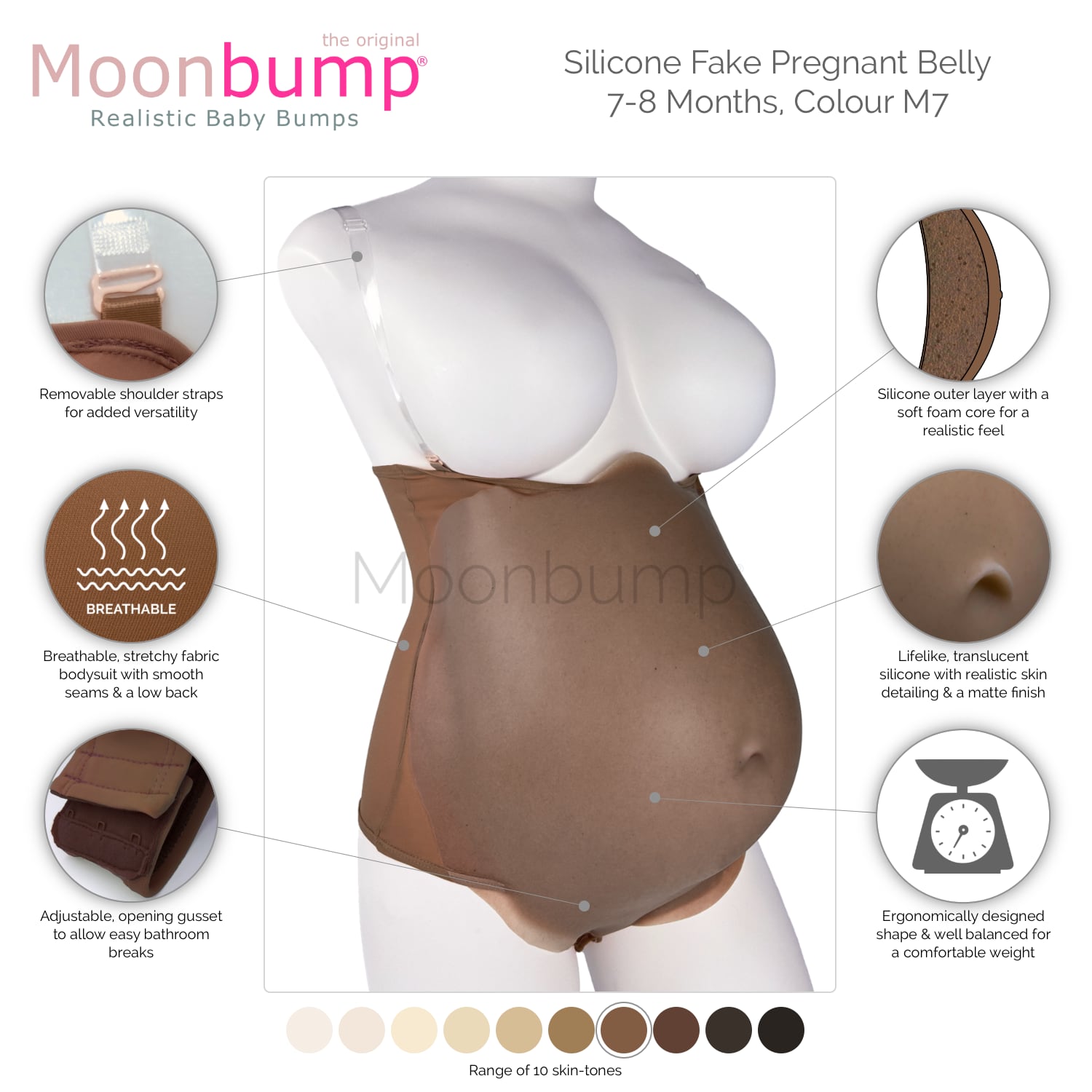 infographic showing the features of our silicone 7-8 month large fake pregnant belly in a chocolate brown skin tone