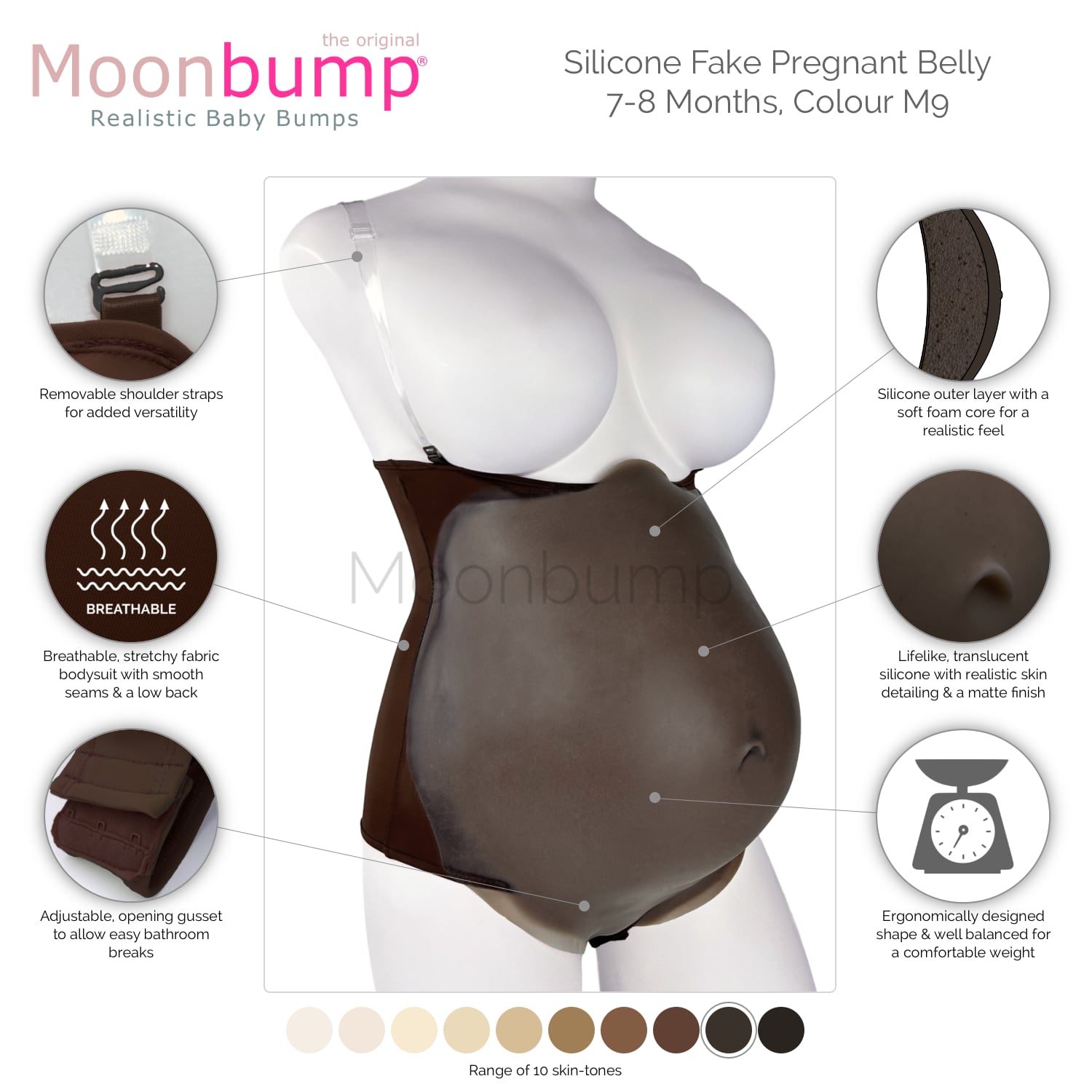 infographic showing the features of our silicone 7-8 month large fake pregnant belly in a dark brown skin tone